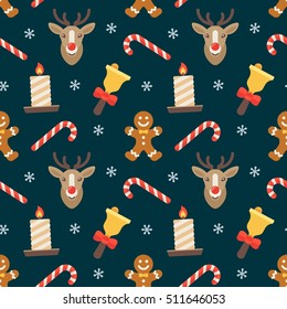 Seamless flat Christmas pattern of traditional decoration elements. Vector Xmas Background for packaging, wrapping paper, web background, cover design, fabric.