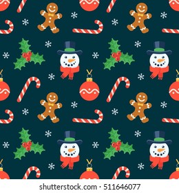 Seamless flat Christmas pattern of traditional decoration elements. Vector Xmas Background for packaging, wrapping paper, web background, cover design, fabric.