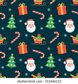 Seamless flat Christmas pattern of traditional decoration elements. Vector Xmas Background for packaging, wrapping paper, web background, cover design, fabric.