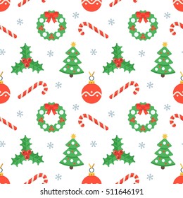 Seamless flat Christmas pattern of traditional decoration elements. Vector Xmas Background for packaging, wrapping paper, web background, cover design, fabric.