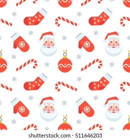 Seamless flat Christmas pattern of traditional decoration elements. Vector Xmas Background for packaging, wrapping paper, web background, cover design, fabric.