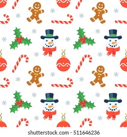 Seamless flat Christmas pattern of traditional decoration elements. Vector Xmas Background for packaging, wrapping paper, web background, cover design, fabric.