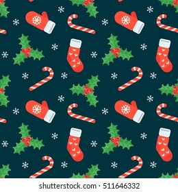 Seamless flat Christmas pattern of traditional decoration elements. Vector Xmas Background for packaging, wrapping paper, web background, cover design, fabric.