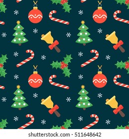 Seamless flat Christmas pattern of traditional decoration elements. Vector Xmas Background for packaging, wrapping paper, web background, cover design, fabric.