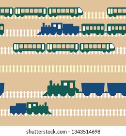 Seamless flat colorful cartoon vector pattern with train road