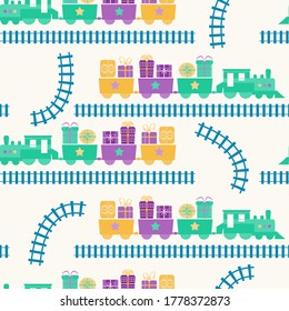 Seamless flat colorful cartoon vector pattern with train and gift boxes