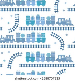 Seamless flat colorful cartoon vector pattern with train and gift boxes