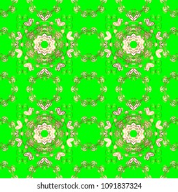 Seamless Flat design with abstract doodles on green, white and beige colors background. Vector illustration. Ccolorful pattern.