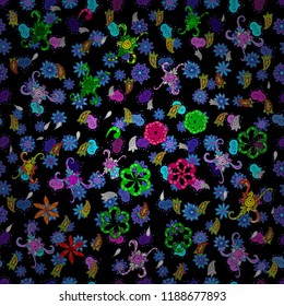 Seamless Flat design with abstract doodles on black, blue and green colors background. CCcolorful pattern. Vector illustration.
