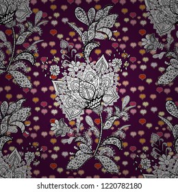 Seamless Flat design with abstract doodles on black, purple and white colors background. Colorful pattern. Vector illustration.