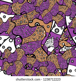 Seamless Flat design with abstract doodles on black, orange and violet colors background. Vector illustration. Colorful pattern.