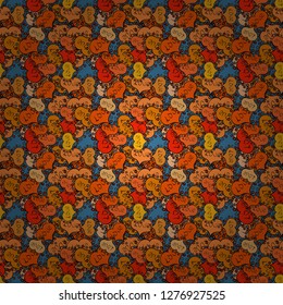 Seamless Flat design with abstract doodles on blue, black and orange colors background. Colorful pattern. Vector illustration.