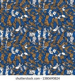 Seamless Flat design with abstract doodles on black, blue and brown colors background. Colorful pattern. Vector illustration.