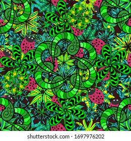 Nahtloses flaches Design mit abstrakten Doodles auf blauem, grünem und schwarzem Hintergrund. Farbiges Muster. Vektorillustration.