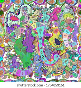 Seamless Flat design with abstract doodles on neutral, blue and green colors background. Vector illustration. Colorful pattern.