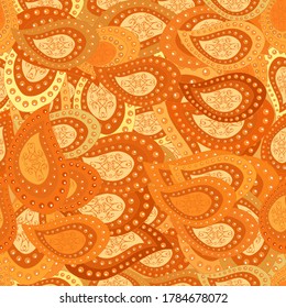 Seamless Flat design with abstract doodles on yellow, beige and orange colors background. Vector illustration. Colorful pattern.