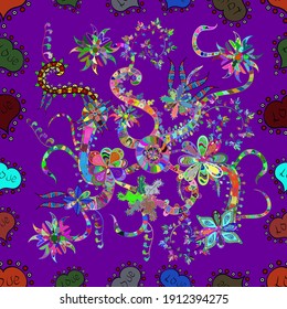 Seamless Flat design with abstract doodles on green, purple and blue colors background. Vector illustration. Colorful pattern.
