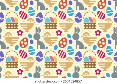 Seamless flat Easter pattern with bunnies, chickens, eggs and baskets.