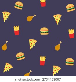 Patrón de comida rápida plana sin fisuras que muestra pollo frito, pizza, hamburguesas y papas fritas sobre un fondo azul oscuro. Perfecto para la marca de comida rápida, App de entrega, menús y diseños modernos con temas de comida.