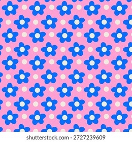 Patrón floral plano sin fisuras con flores azules sobre fondo rosa, linda ilustración retro para tela, Fondo de pantalla, papelería, embalaje y diseño de superficies.