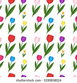 Seamless flat flowers pattern. Template vector illustration for international women`s day greeting card, cute beautiful  background high quality spring holiday web app decorative red pink blue purple 