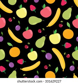 Seamless flat fruit  background.  Can be used for wallpaper, web page background, surface textures. Pattern with bananas, pears, oranges, strawberries, cherries, plums, apples.