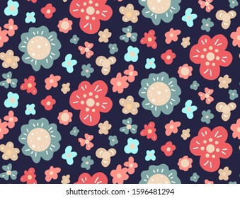 Seamless flat hand drawn pattern with various simple flowers on a dark background. Vector floral cute texture for fabrics, backgrounds and your creativity.