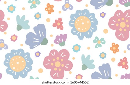 Seamless flat hand drawn pattern with various flowers and petals on white background. Gentle natural pattern. Vector rustic spring texture for fabrics, wallpapers and your creativity.