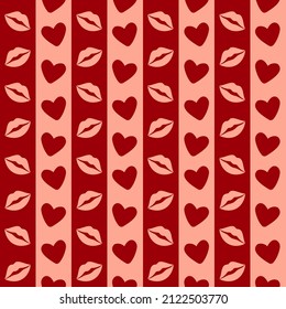 Seamless flat heart and lips pattern with red background for Valentine's day. Use for textile prints, fabric designs, greeting cards, gift cards, wrapping papers, digital papers and wallpapers.