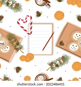 Seamless Flat lay cup of hot chocolate with cinnamon,marshmallow snowman and dries orange slices, notebook,pencil,candy cane and pine branch with cones,Cute pattern for Fall season, Winter background