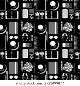 Modelo plano inconsútil de la colocación de un escritorio acogedor de la planificación con el cuaderno, el planificador, las tazas de café, la papelería, los artilugios, y las plantas en colores monocromáticos. Perfecto para la productividad, el trabajo desde casa, el diario y los antecedentes de estilo de vida.