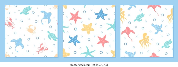 Seamless flat marine pattern set. Vibrant underwater life featuring aquatic animals like turtles, crabs, and starfish. Ocean cartoon background, playful aquatic design, ideal for summer projects or