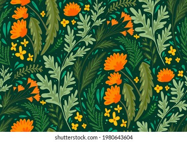 Seamless flat natural pattern with herbs and flowers of the fields. Wallpaper with dandelions, wormwood, fennel and buttercups. Fabric with plants. Vector background with steppe flora