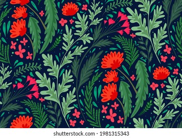 Seamless flat natural pattern with herbs and flowers of the fields on blue background. Wallpaper with poppy, wormwood, fennel and buttercups. Fabric with plants. Vector background with steppe flora