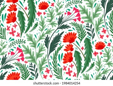 Seamless flat natural pattern with herbs and flowers of the fields on white background. Wallpaper with poppy, wormwood, fennel and buttercups. Fabric with plants. Vector background with steppe flora