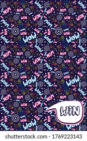 Seamless flat neon vertical pattern. A linear hand holds a dart and aims at the target. Funny lettering. Concept for print or web use. On a dark blue background. Bubble with lettering.