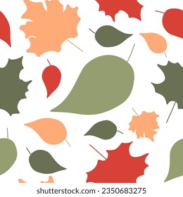 Seamless Flat pattern with Autumn leaves. Vector foliage background. Color illustration for Textile, Wrapping paper, Banner, Print, Colorful Wallpaper, Cloth. Maple and birchwood leaf illustration.