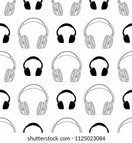 Seamless flat pattern with black and white headphones. Outline and silhouette of headphones on white background. Suitable for printing on fabric, wallpaper, textile, clothing, T-shirts, covers. Vector