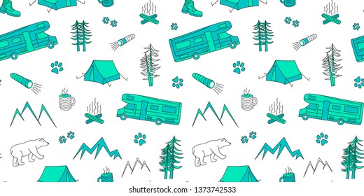 Seamless flat pattern camping in Russia: motorhome, forest, bear, fire, tent, shoes, cup, torch, mountains. Hand drawn pattern in a cute children's style, suitable as a fabric print or wallpaper.