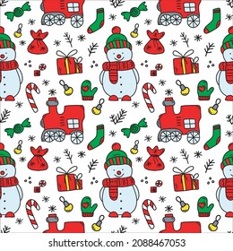 Seamless flat pattern with Christmas and New Year characters in green and red colors. Vector