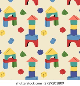 Seamless flat pattern with colorful kids building blocks and geometric toys, playful educational background for nursery, children products, wallpaper, fabric and packaging.