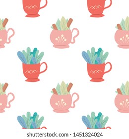 Seamless flat pattern with cups of tea with foliage and cinnamon on white background. Mugs with summer ingredients in a row. Vector texture for wallpapers, baby fabrics and your creativity