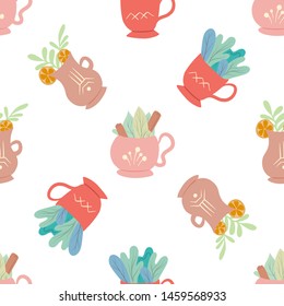 Seamless flat pattern with cups of tea with foliage, lemon and cinnamon on white background. Mugs with summer ingredients. Vector texture for wallpapers, baby fabrics and your creativity