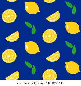 Seamless flat pattern of cut in half, sliced on pieces fresh lemons and leaves on dark blue background. Vibrant juicy ripe citrus fruit collection. vector illustration