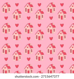 Patrón plano sin fisuras con lindas casas y corazones. Fondo romántico de San Valentín perfecto para diseños de amor, papel de regalo, textiles, papelería, tarjetas de felicitación y marca linda.