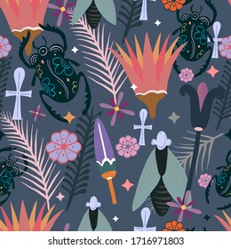 Seamless flat pattern egyptian ornament  backgrounds. Wallpaper template design. Hand drawn vector illustration.
