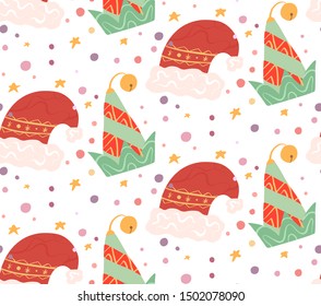 Seamless flat pattern with elf and santa claus hats on white background with confetti and stars. Christmas holiday background. Vector Christmas texture for fabrics, wrapping paper and your creativity.