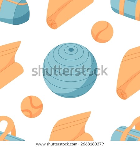 Seamless flat pattern with gym equipment and workout items. Sport accessories like yoga mats, gym bags, and balls form an activity background. Ideal for wellness themes, fitness decor, or textile