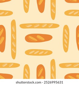 Seamless flat pattern of hand-drawn baguettes in warm tones, ideal for bakery-themed designs, packaging, backgrounds, or textile prints, showcasing artisan bread and minimalist style