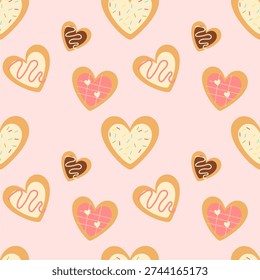 Seamless flat pattern with heart shaped cookies in soft pink and beige tones. Cute cartoon illustration with cozy bakery mood. Ideal for Valentine’s Day designs, gift wrap, fabric printing, stationery, packaging, wallpapers and romantic branding projects.